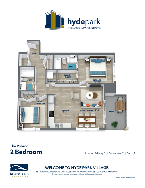 Floor plan for 2 beds, 2 baths, 896 sqft